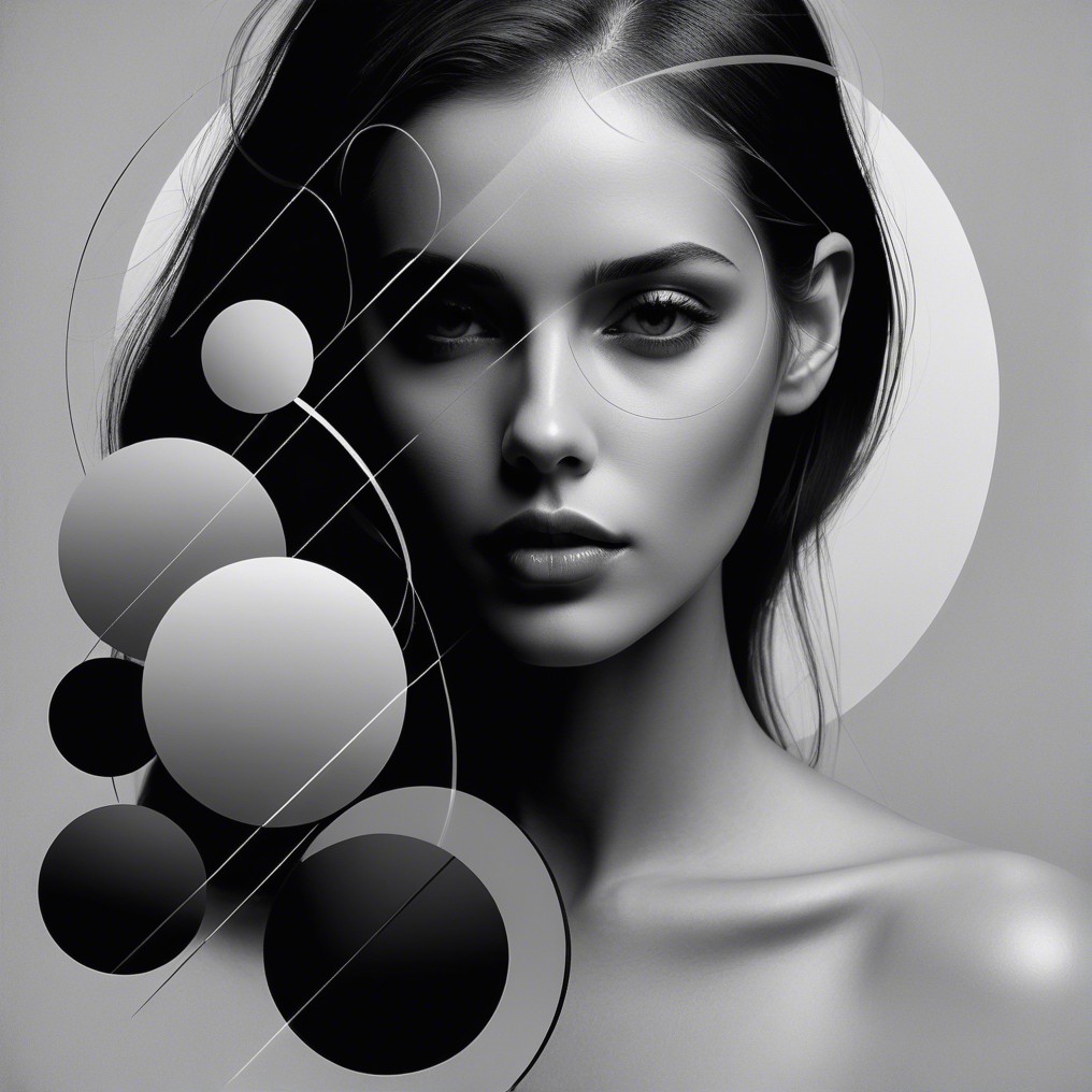 Black-and-white portrait of a woman with geometric design