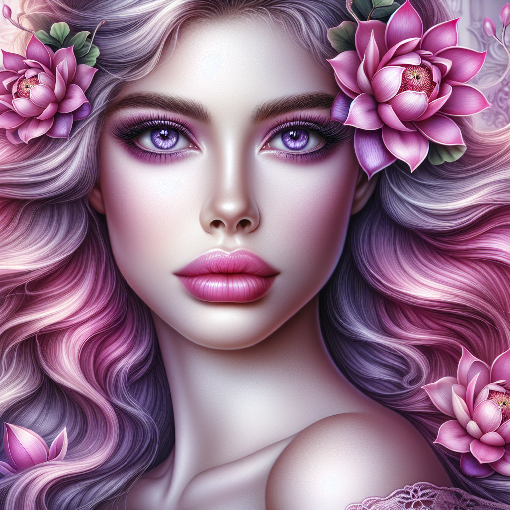Portrait of a Woman with Lavender Hair and Lotus Flowers