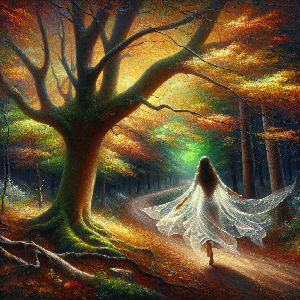 Mystical Forest Scene with Dancer and Autumn Leaves