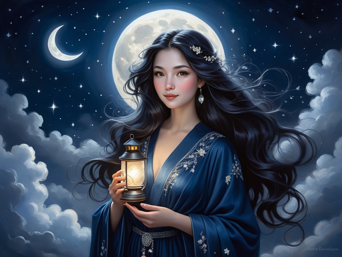 Serene Woman in Night Sky with Lantern and Clouds