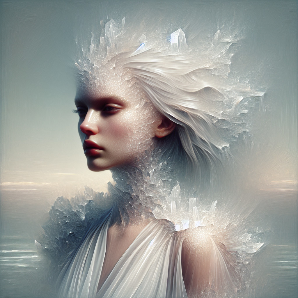Ethereal Figure with Frosted Hair Against Tranquil Backdrop