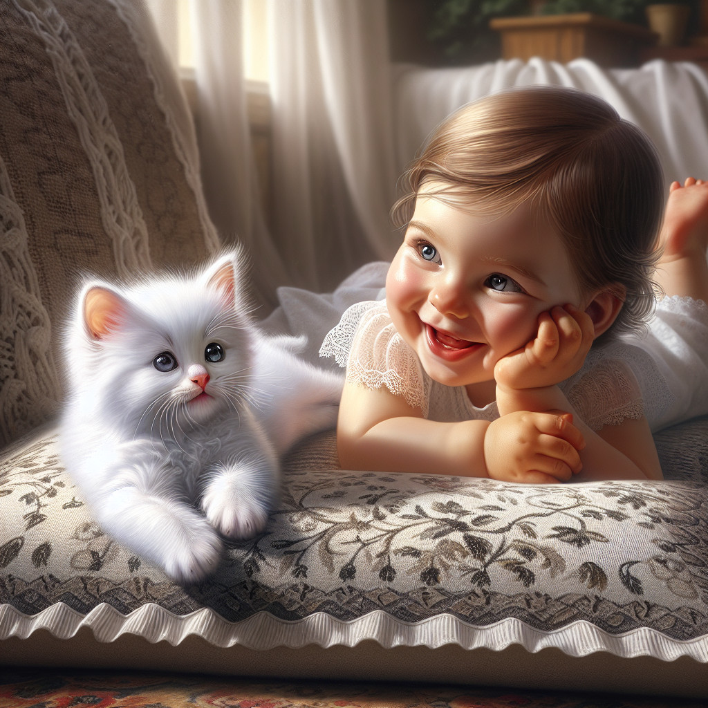 Cheerful toddler and kitten on a cozy sofa