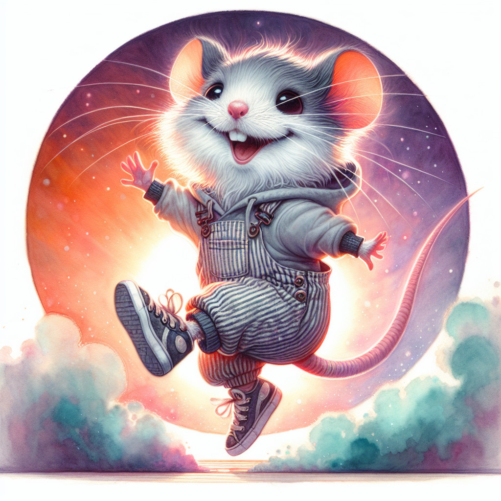 Cheerful Cartoon Mouse Dancing in Cosmic Background
