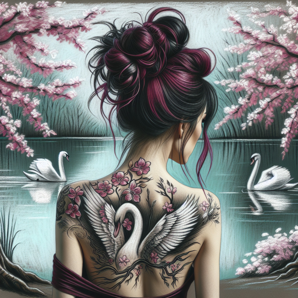 Woman with dark hair by a lake with cherry blossoms