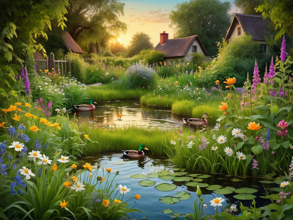 Serene Garden Scene with Pond at Sunset