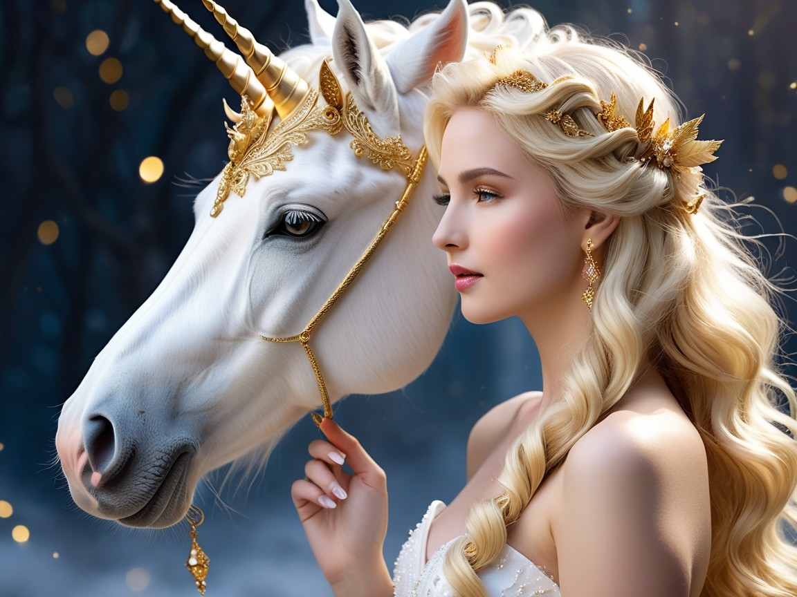 Regal Woman with Unicorn in Enchanting Scene