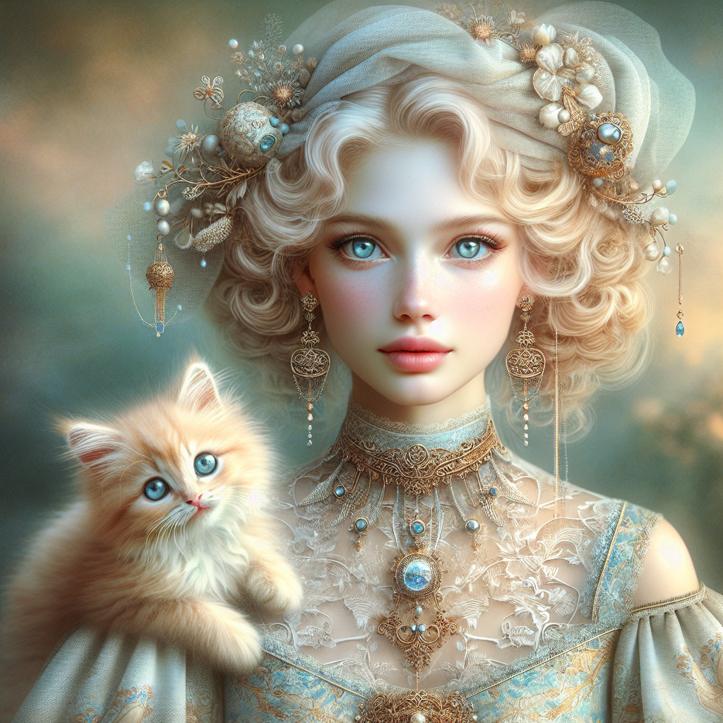 Portrait of a Young Woman with Kitten and Gown