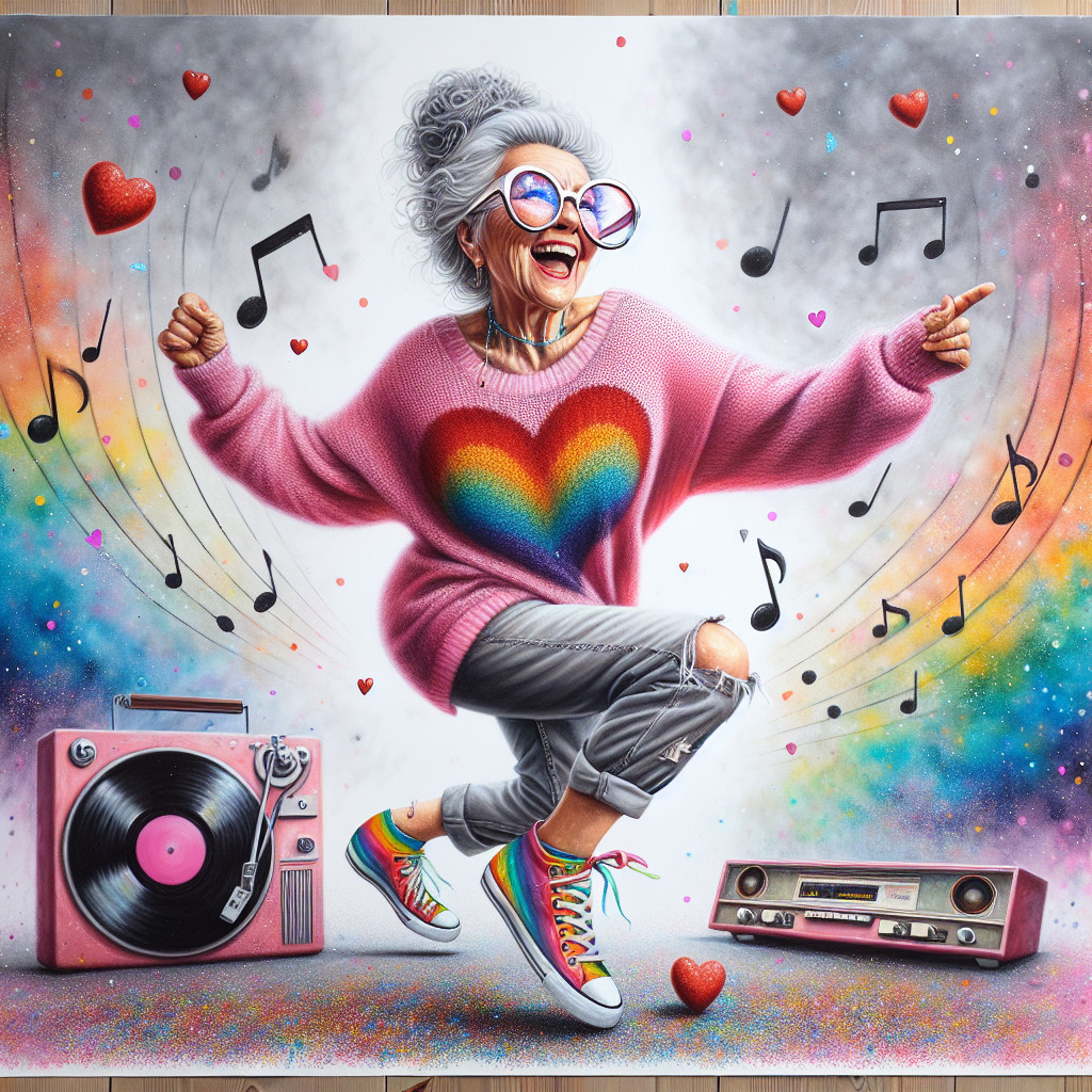 Elderly Woman Dancing in Colorful Rainbow Setting