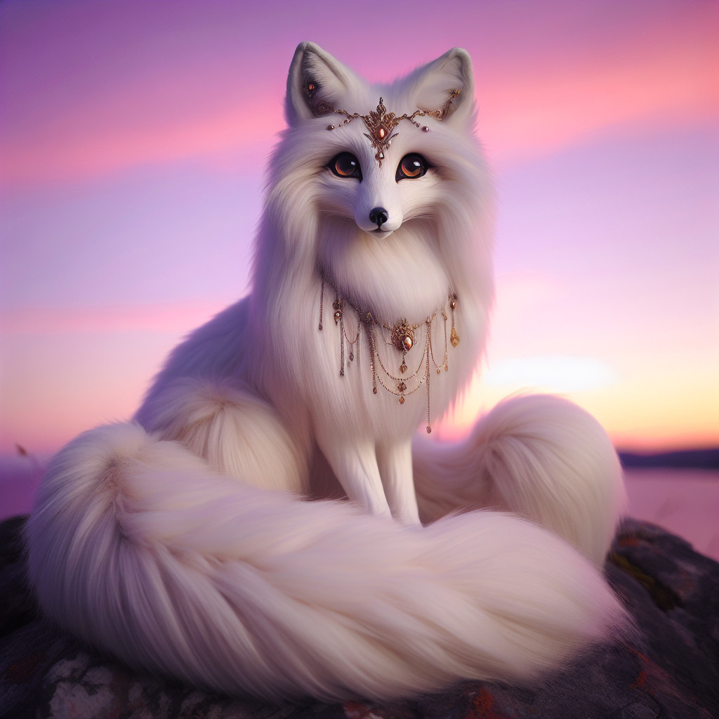 Majestic white fox on rocky ledge at sunset
