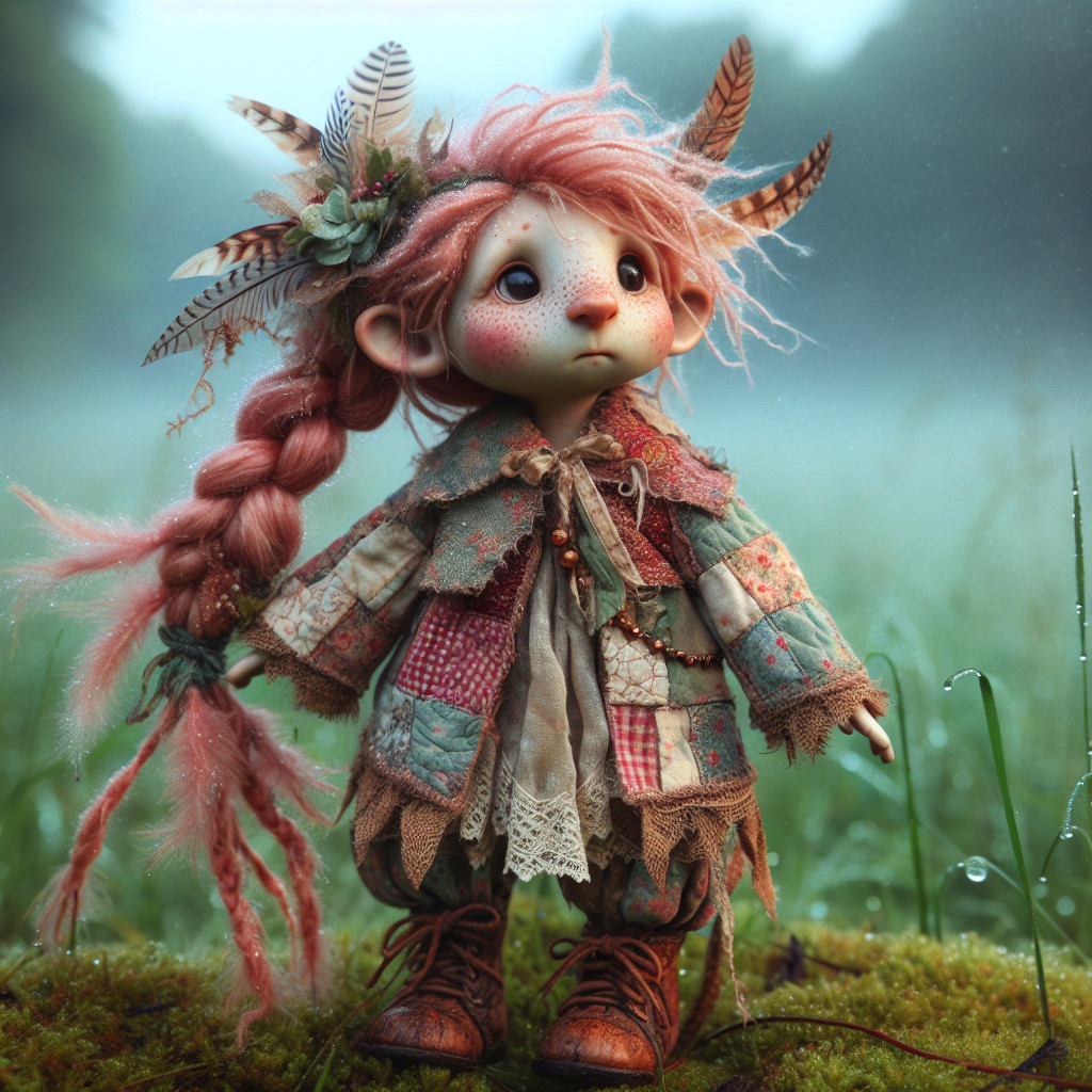 Whimsical creature in a misty forest with patchwork attire