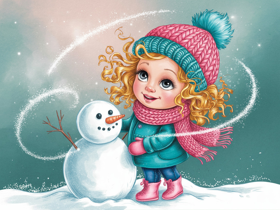 Cheerful Girl and Snowman in Winter Landscape