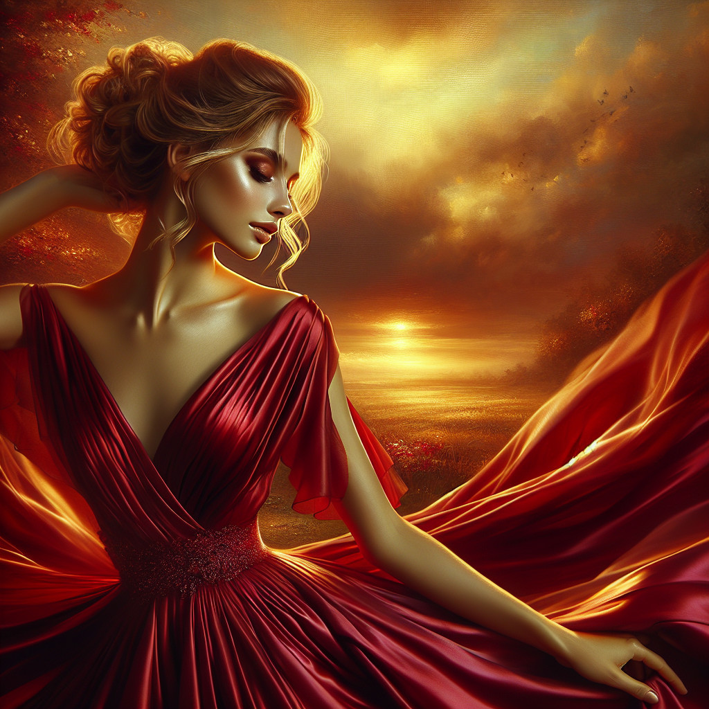 Woman in Red Gown Against a Sunset Landscape