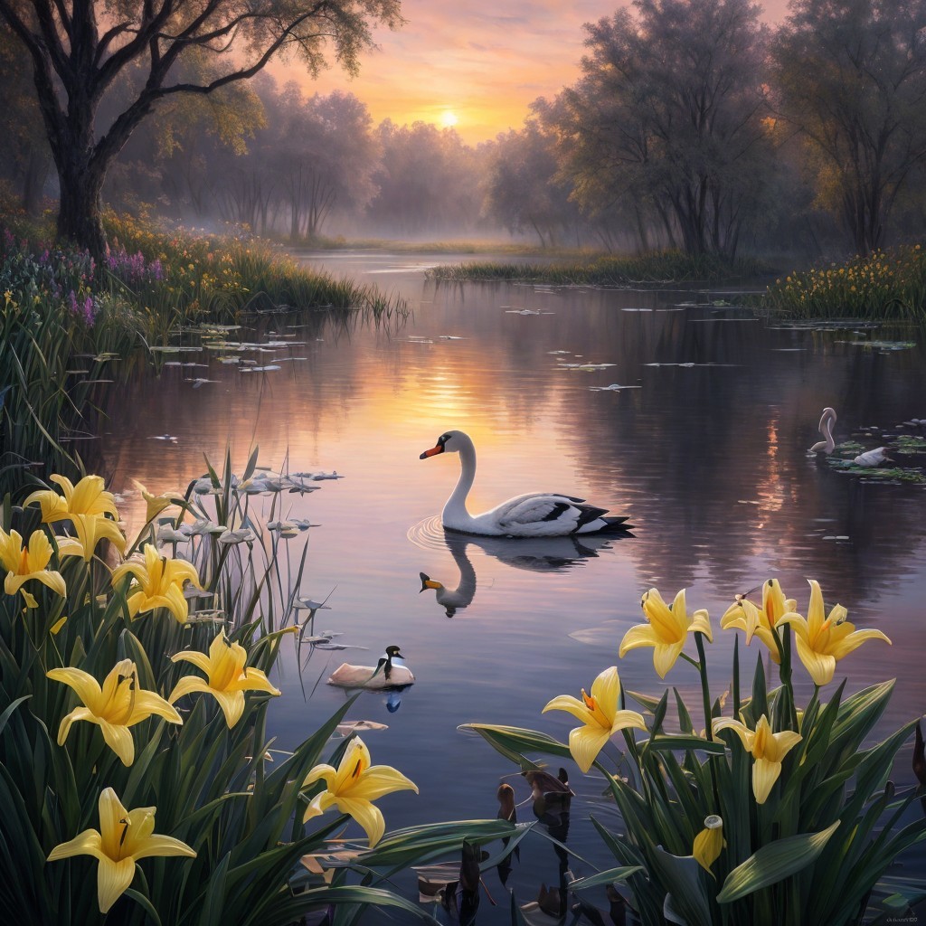 Swan Gliding on Tranquil Lake with Yellow Lilies