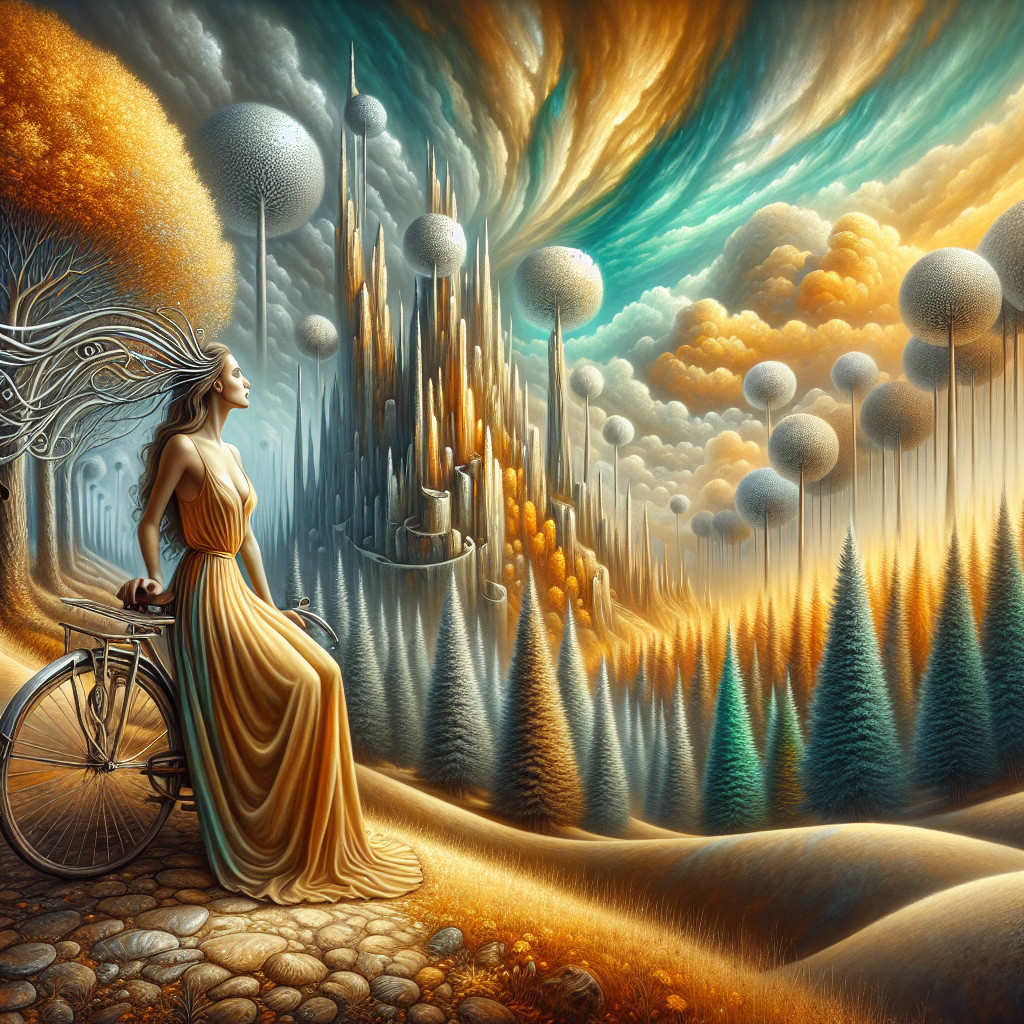 Serene Woman in Golden Dress by Fantastical Landscape