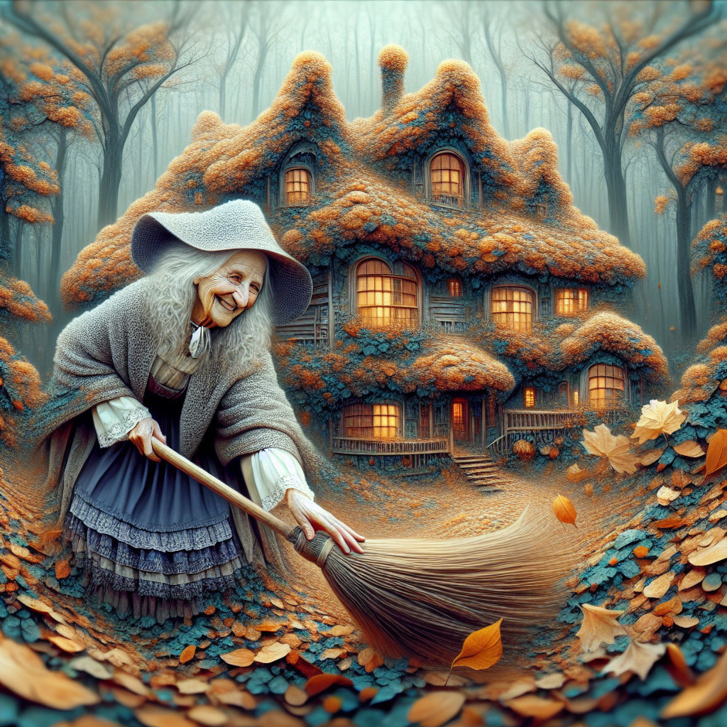 Elderly Woman Sweeping Leaves by Fairy-Tale Cottage