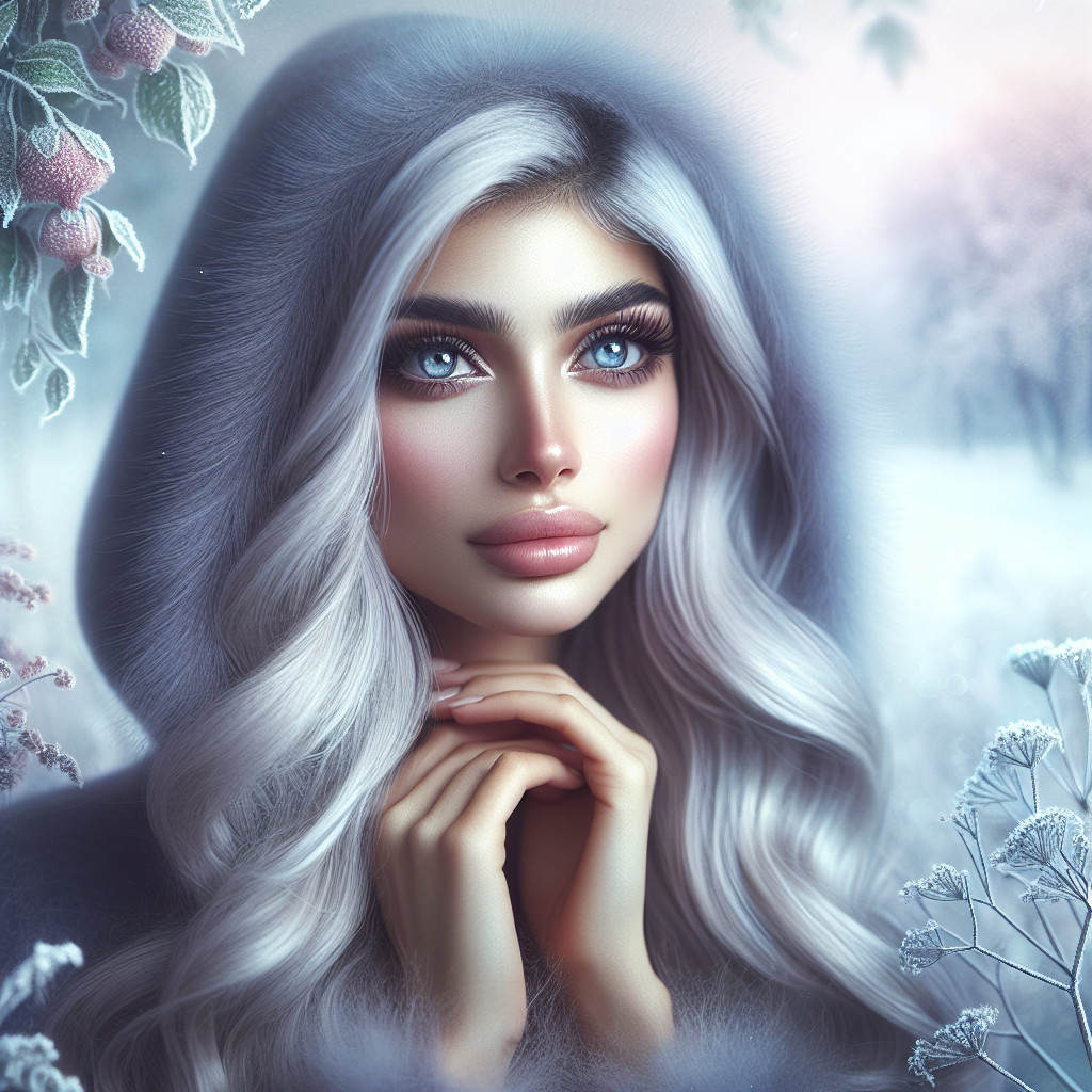 Young woman in grey coat in serene winter landscape