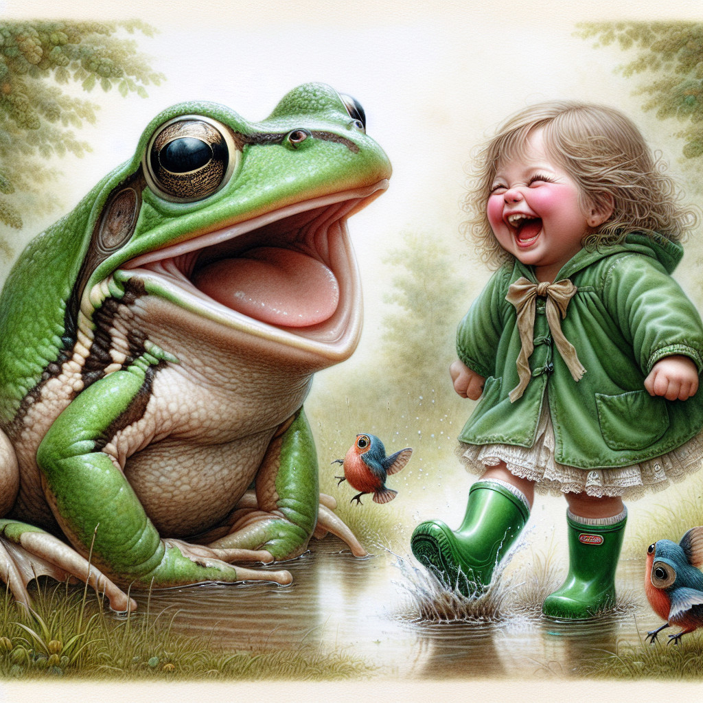 Cheerful Girl Splashing in Puddle with Friendly Frog