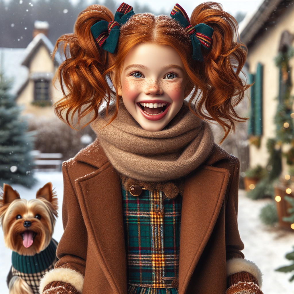 Cheerful girl with red hair in snowy winter scene