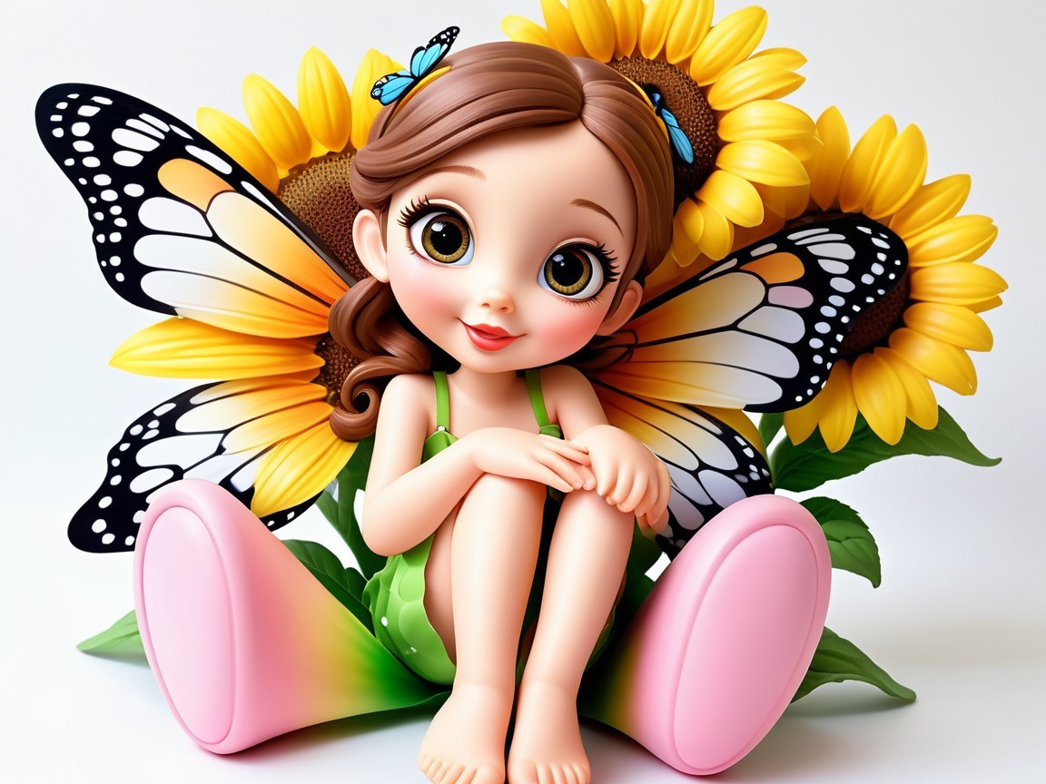 Animated girl in sunflowers with butterflies and joy