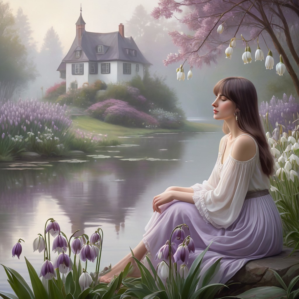 Serene Lake Scene with Young Woman in Lavender Dress