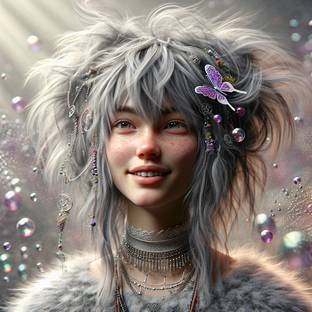 Whimsical Character with Silvery Hair and Bubbles