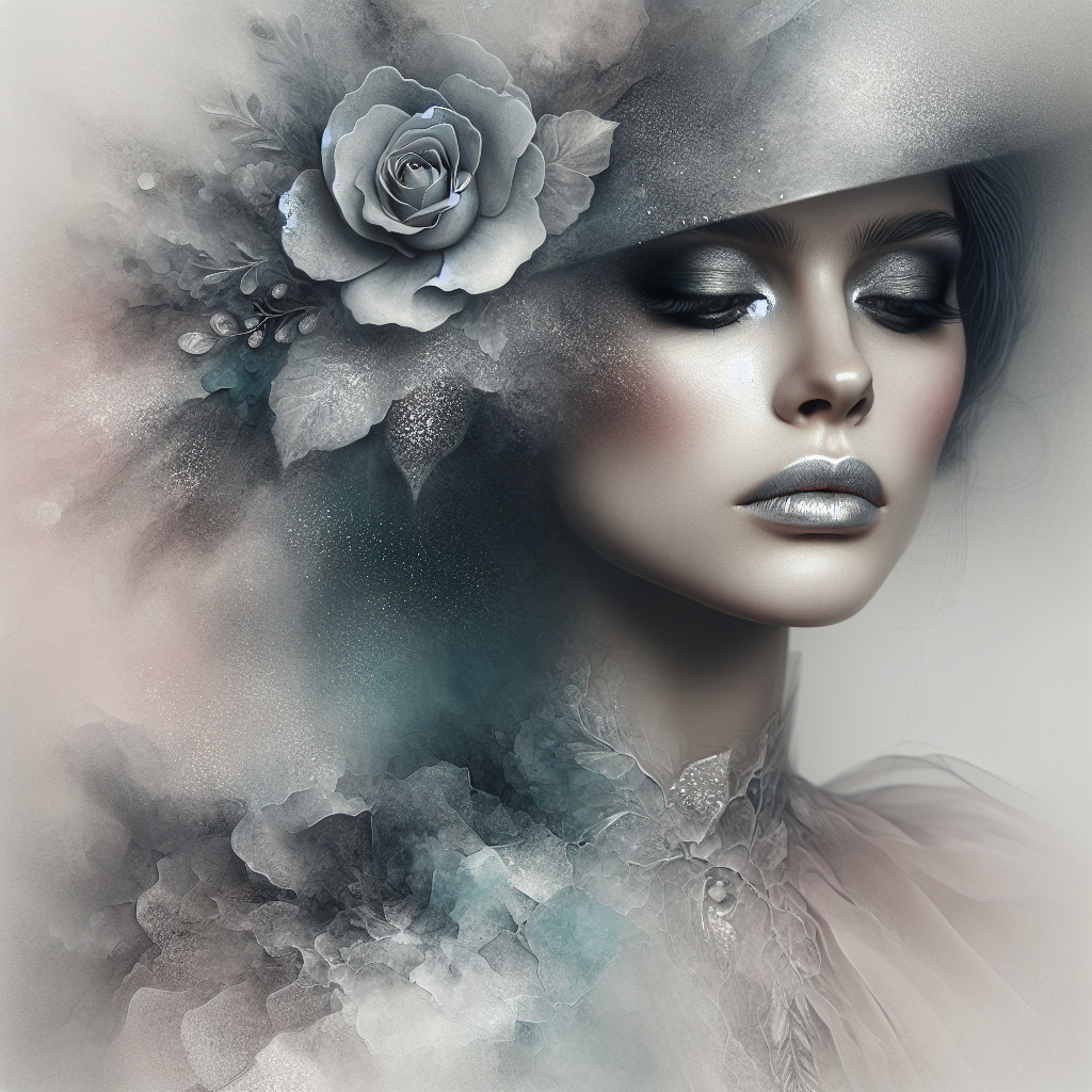 Ethereal Woman in Silver Makeup and Floral Hat