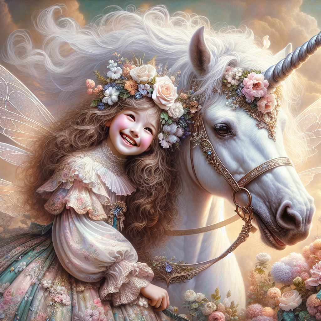 Cheerful Girl and Unicorn in a Dreamy Landscape