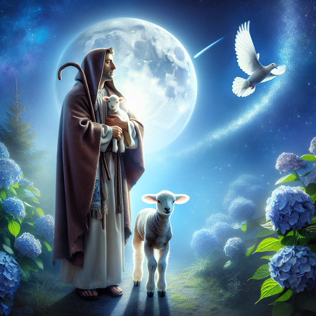 Shepherd with Lambs Under Moonlit Sky and Hydrangeas