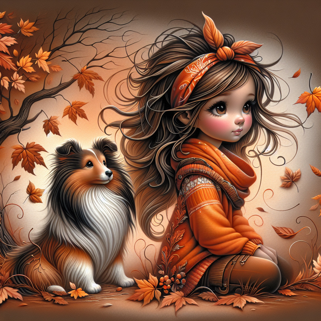Young girl in orange sweater with collie in autumn leaves