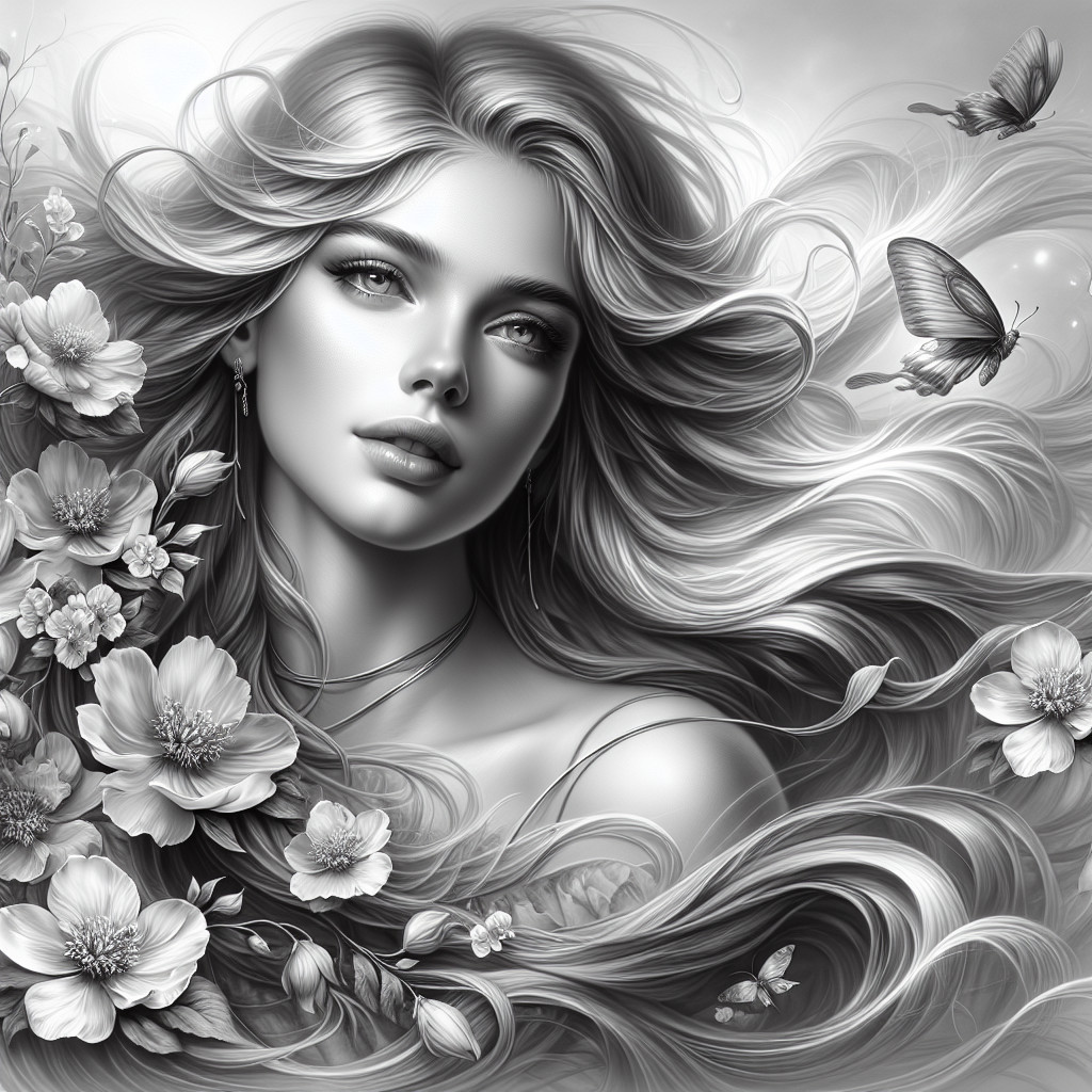 Monochromatic Artwork of Woman with Flowers and Butterflies