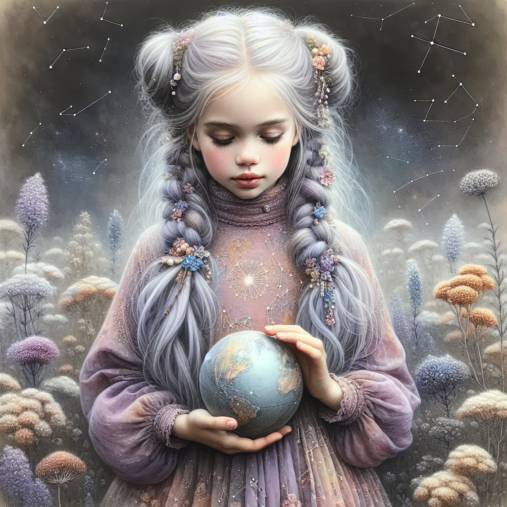 Ethereal Girl with Silver Hair and Globe in Pastel Dress