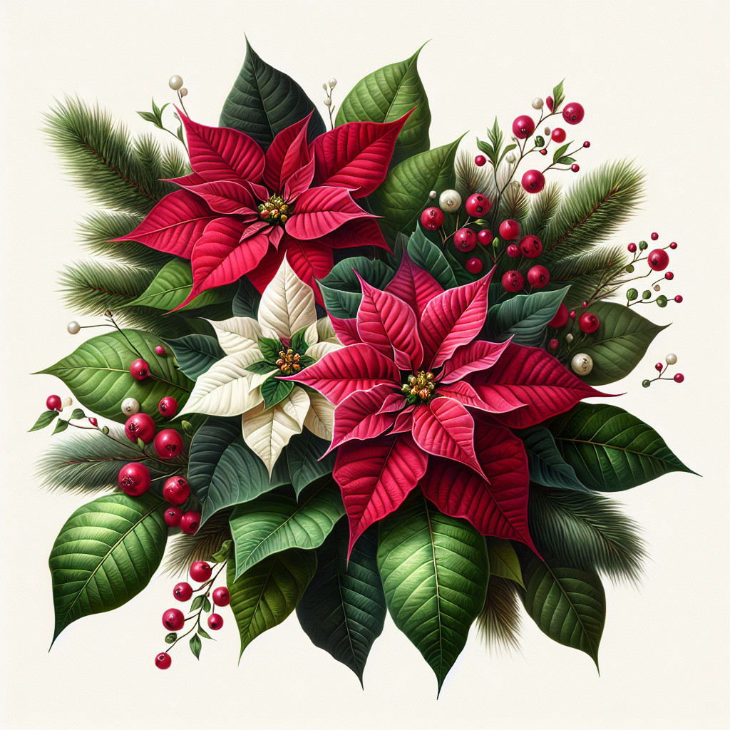 Vibrant Poinsettia Arrangement with Festive Elements