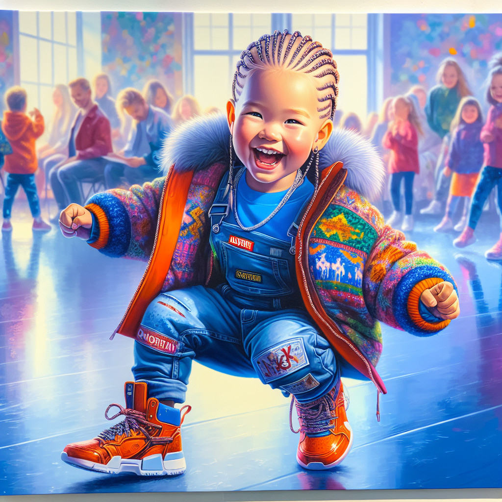 Joyful Child in Colorful Sweater and Overalls