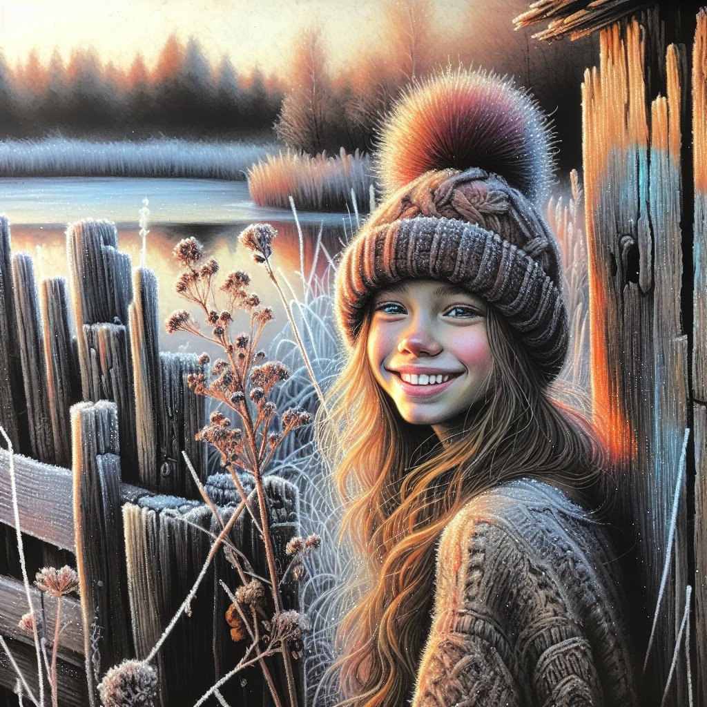 Joyful Girl in Knitted Hat Against Frosty Landscape