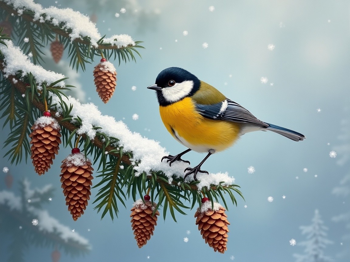 Vibrant Blue and Yellow Bird in Snowy Winter Scene