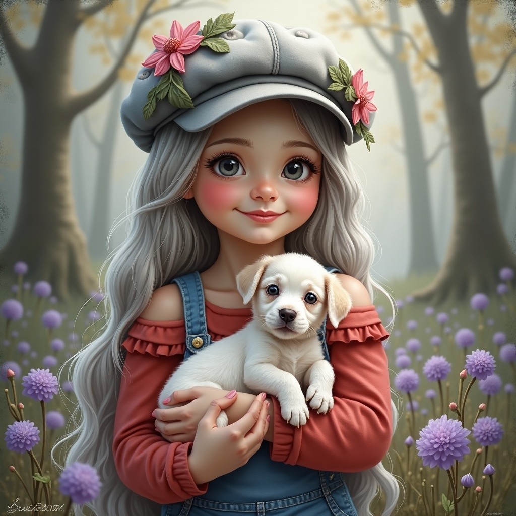Young girl with gray hair and puppy in forest setting