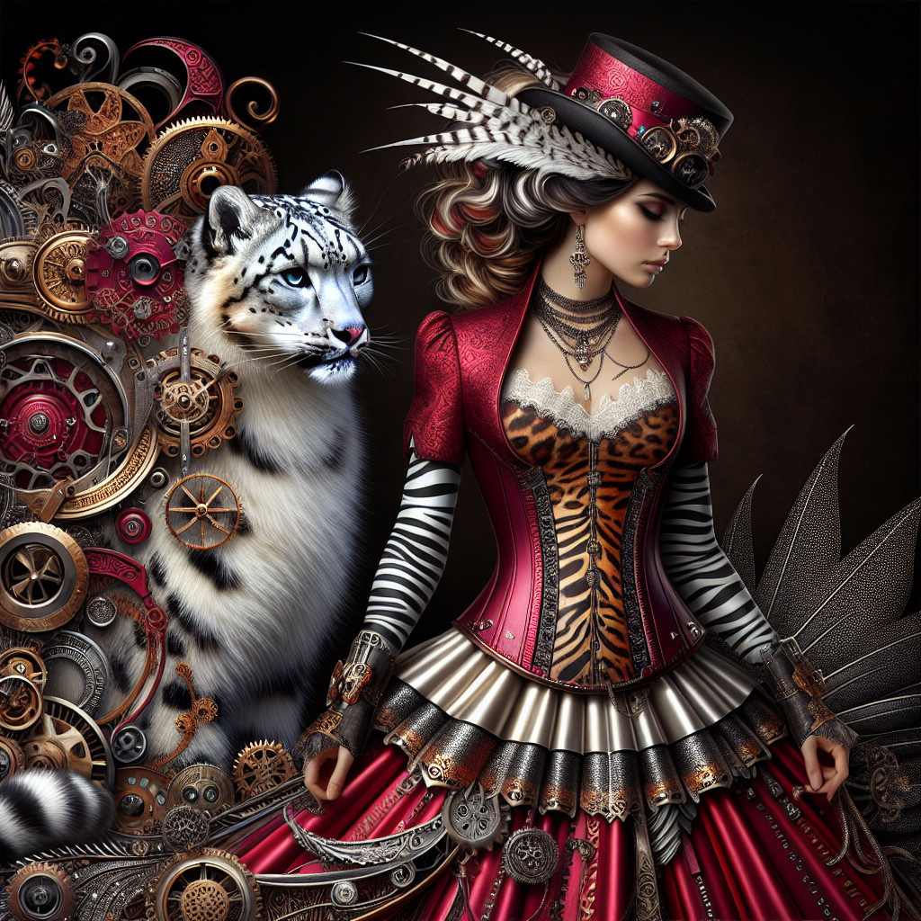 Steampunk Woman with Tiger in Vibrant Outfit and Gears