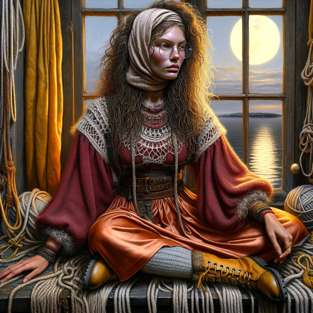 Young Woman by Window with Moonlight and Yarn