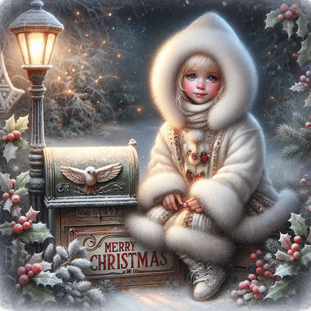 Young girl in white coat by festive mailbox in snow