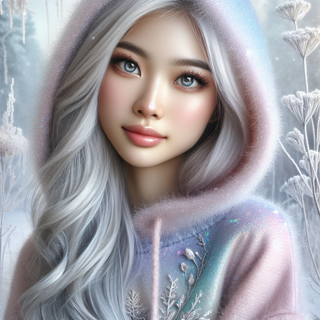 Young woman in pastel hoodie in serene winter setting