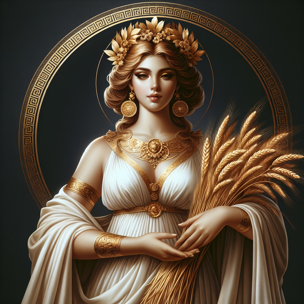 Majestic woman in white gown with wheat and halo