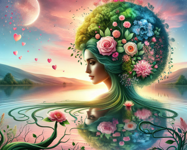Profile of a Woman Surrounded by Nature and Flowers