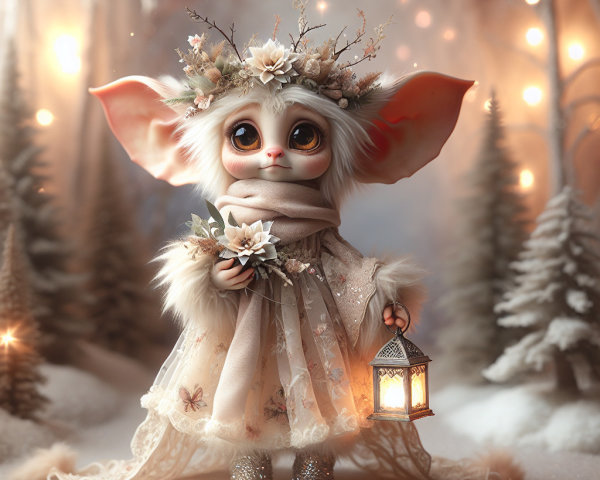 Whimsical Creature in Snowy Enchanted Forest Scene