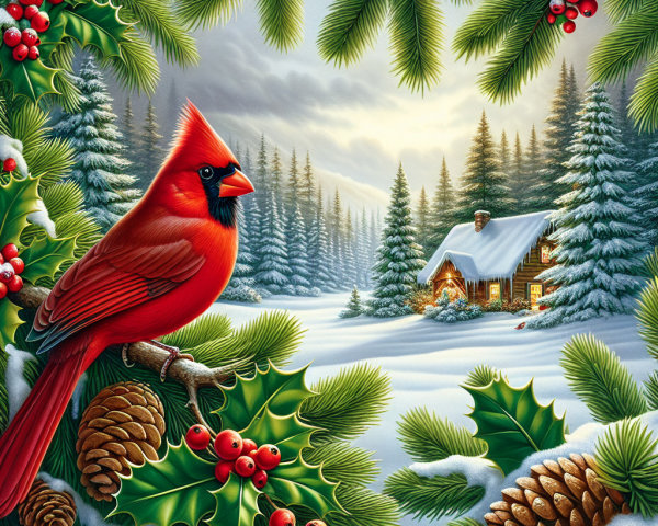 Red Cardinal on Holly Branch in Winter Landscape