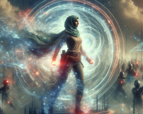 Powerful figure in hijab amid surreal landscape