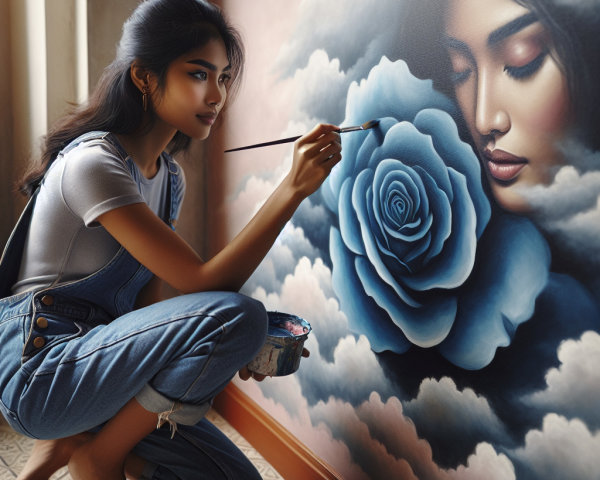 Young Woman Painting Blue Rose Mural in Soft Light