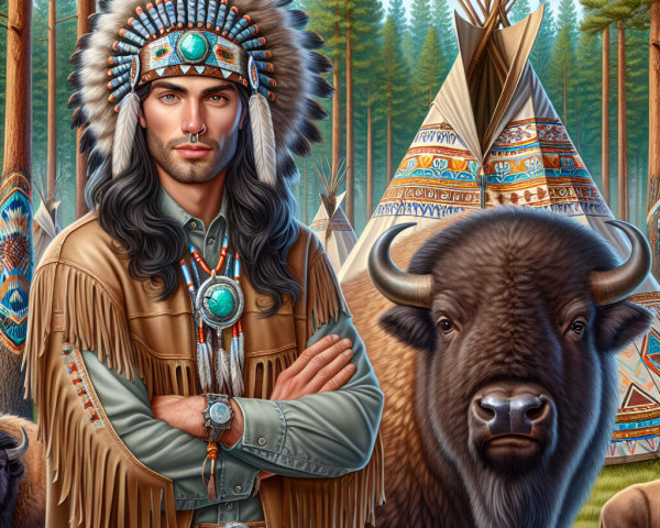 Young Man in Traditional Native American Attire in Landscape