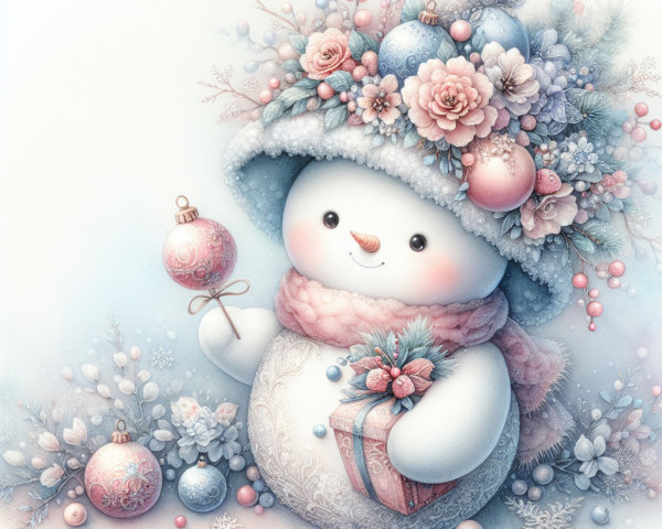 Cheerful Snowman with Floral Hat and Gift in Winter Scene