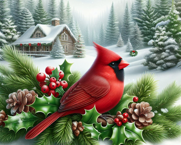 Red Cardinal on Holly with Cozy Cabin in Winter Scene