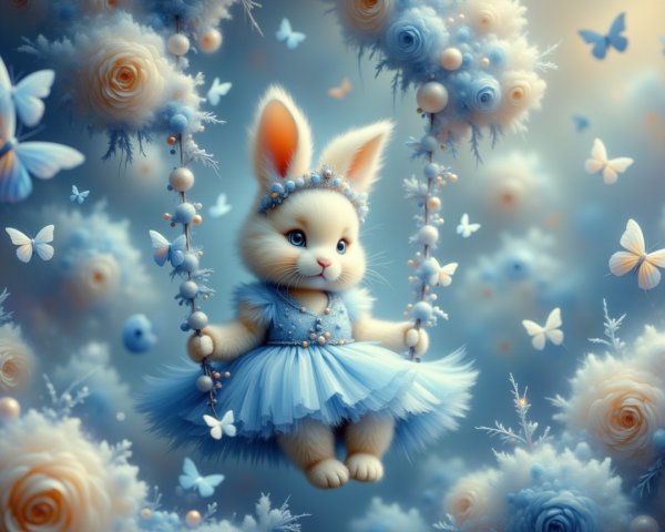 Whimsical Bunny in Blue Dress Surrounded by Flowers